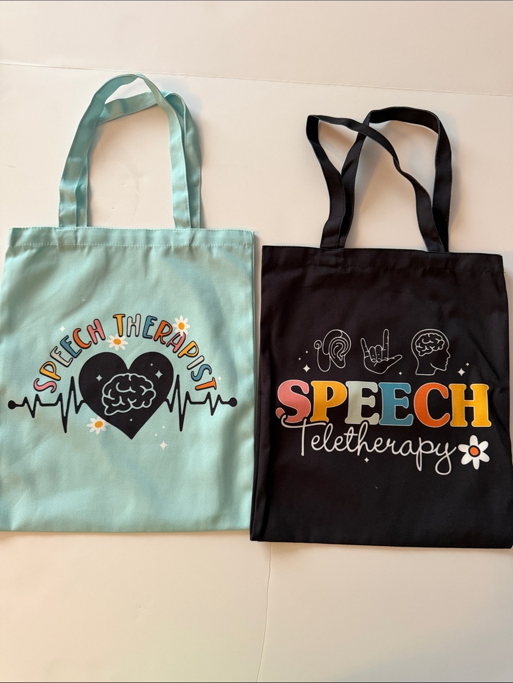 Two Canvas speech therapy Tote Bags BLACK Aqua - back to school gift NWOT new